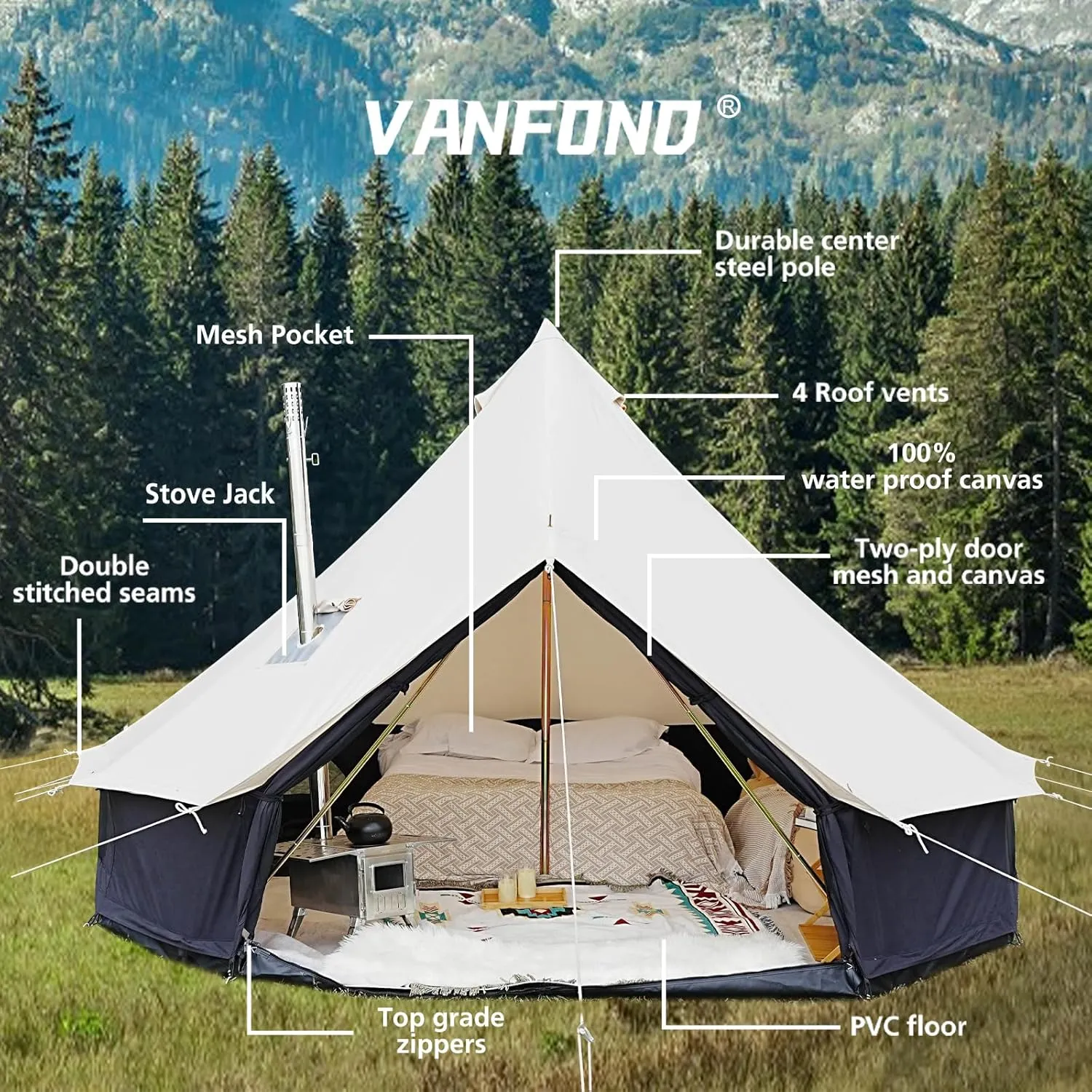 Canvas Bell Tent - 4 Seasons Glamping Yurt with Stove Jack for Family Camping - Waterproof