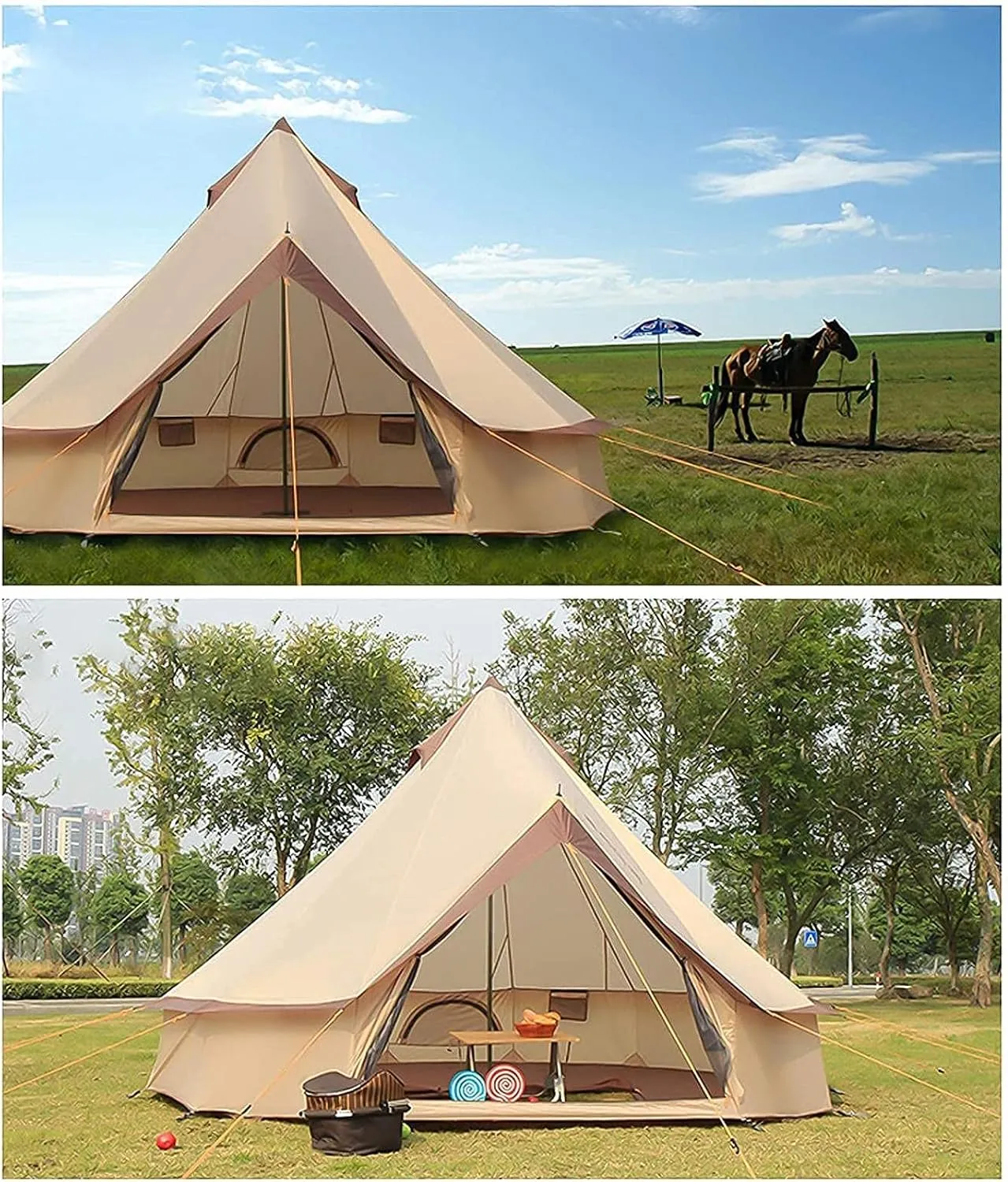 Canvas Tent with Stove Hole Cotton Canvas Tents Yurt Tent for Camping 4 Season Waterproof Tent for Family Camping Outdoor Glamping, Luxury Teepee (Light Gray|c 4M|B)