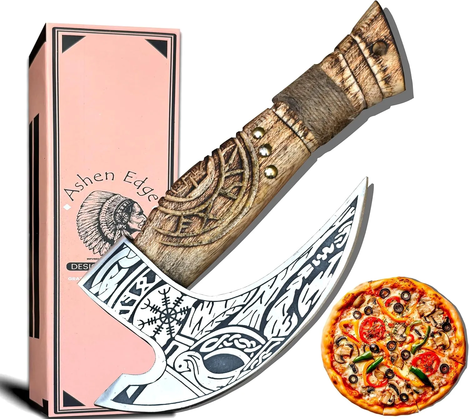 Carbon Steel Axe | Pizza Cutter Axe | 8.3" Blade with 9.8" Handle | Leather Sheath | Multi-Use Slicing Tool for Kitchen, Camping, and Outdoor Adventures