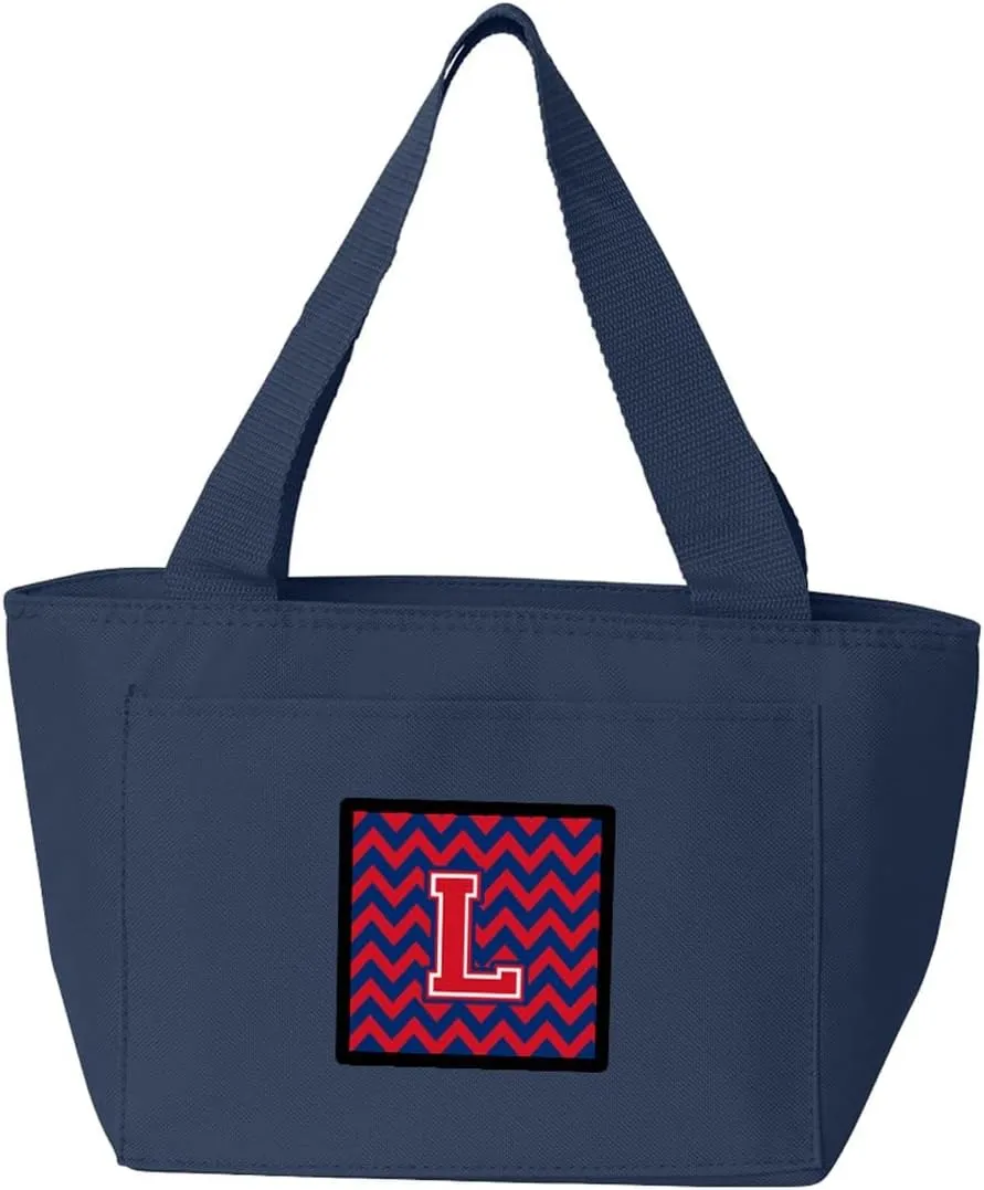 Caroline's Treasures CJ1054-LNA-8808 Letter L Chevron Yale Blue and Crimson Lunch Bag Insulated Lunch Box Tote Bag for Women Adult Men, Reusable, Large, Navy