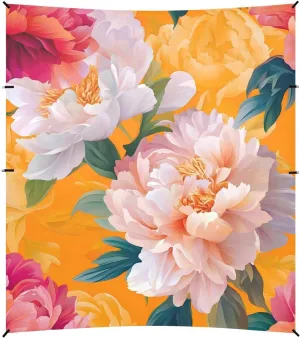 Cartoon Peonies Orange Flower Foldable Beach Tent UPF50 Waterproof Outdoor Sun Shade with Sand Shovel, Sandbags for Family Travel