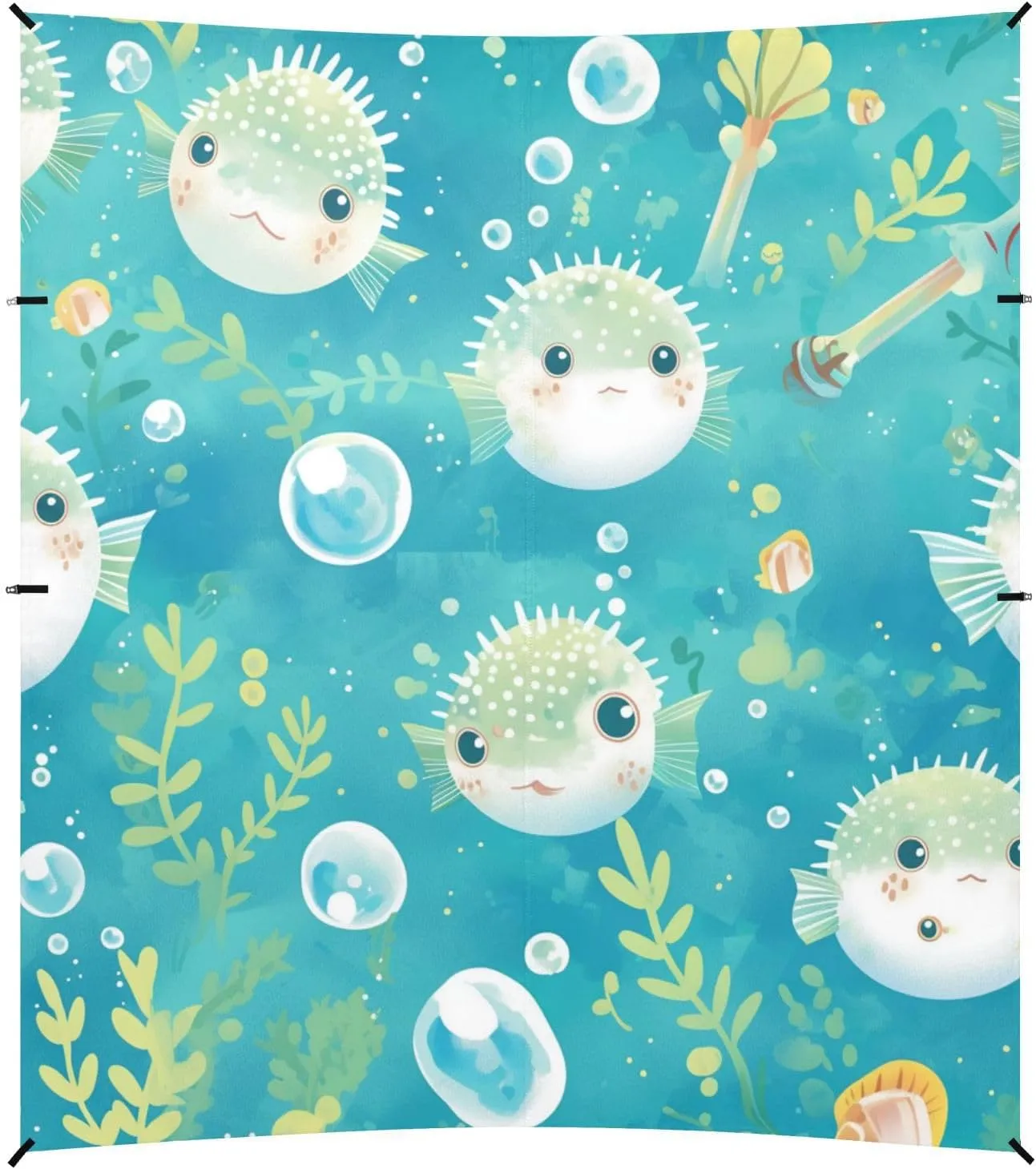 Cartoon Puffer Fish Light Blue Beach Cabana UPF50  Lightweight Portable Sun Shelter with Sturdy Poles, Sandbags and Shovel for Camping, Picnics, Backyard