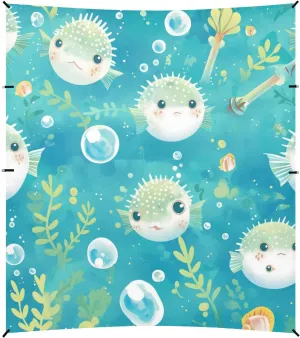 Cartoon Puffer Fish Light Blue Beach Cabana UPF50  Lightweight Portable Sun Shelter with Sturdy Poles, Sandbags and Shovel for Camping, Picnics, Backyard