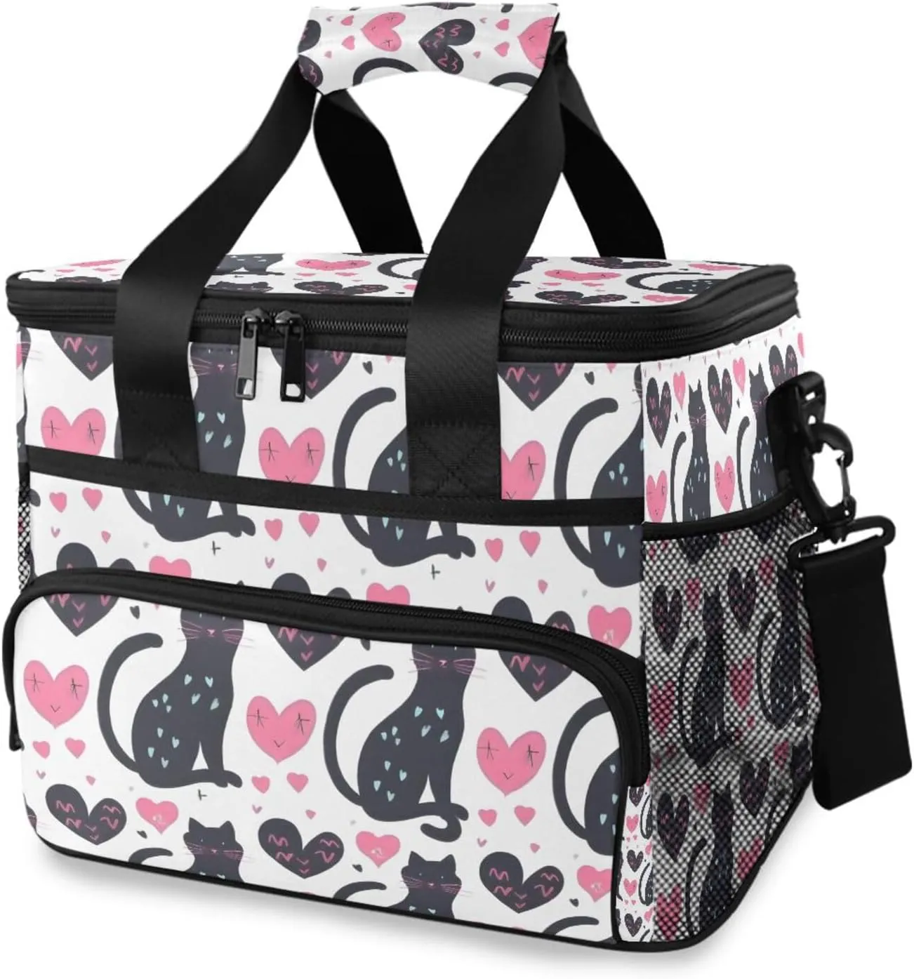 Cat Love Heart Black Cooler Bag Insulated Cooler Soft Sided Cooler 24 Can Portable Picnic Bag Large Leakproof Lunch Bag Box for Beach Grocery Camping Travel Car Men Women
