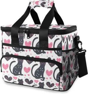 Cat Love Heart Black Cooler Bag Insulated Cooler Soft Sided Cooler 24 Can Portable Picnic Bag Large Leakproof Lunch Bag Box for Beach Grocery Camping Travel Car Men Women