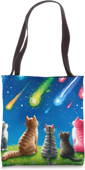 Cats Watching Meteor Shower. Grassy Hill Amazed Stars Tote Bag