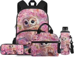 Cherry Blossom Owl Little Backpack for Girls 6-8 Elementary Bookbag with Pencil Case Rucksack for Kids Child Back To School Backpack 4Pcs Set Bookbag