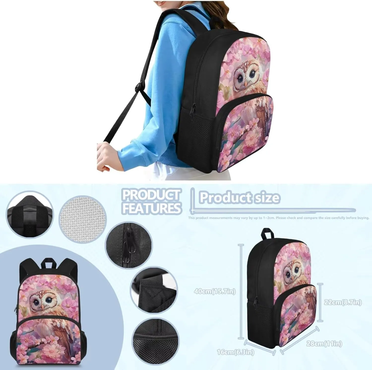 Cherry Blossom Owl Little Backpack for Girls 6-8 Elementary Bookbag with Pencil Case Rucksack for Kids Child Back To School Backpack 4Pcs Set Bookbag