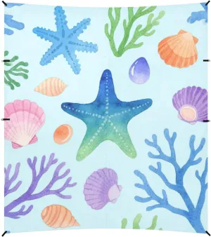 Childish Watercolor Under Marine Starfish Colorful Foldable Beach Canopy UPF50 Lightweight Large Sun Shade Includes Sand Shovel, Sandbags, Stability Poles for Family Travel