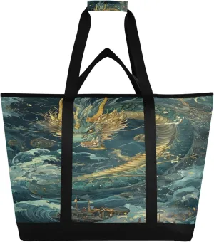 Chinese Dragon Reusable Insulated Cooler Bag with Ice Pack Compartment - Large 47L Waterproof Thermal Grocery Tote for Picnic Beach Camping Lunch Storage