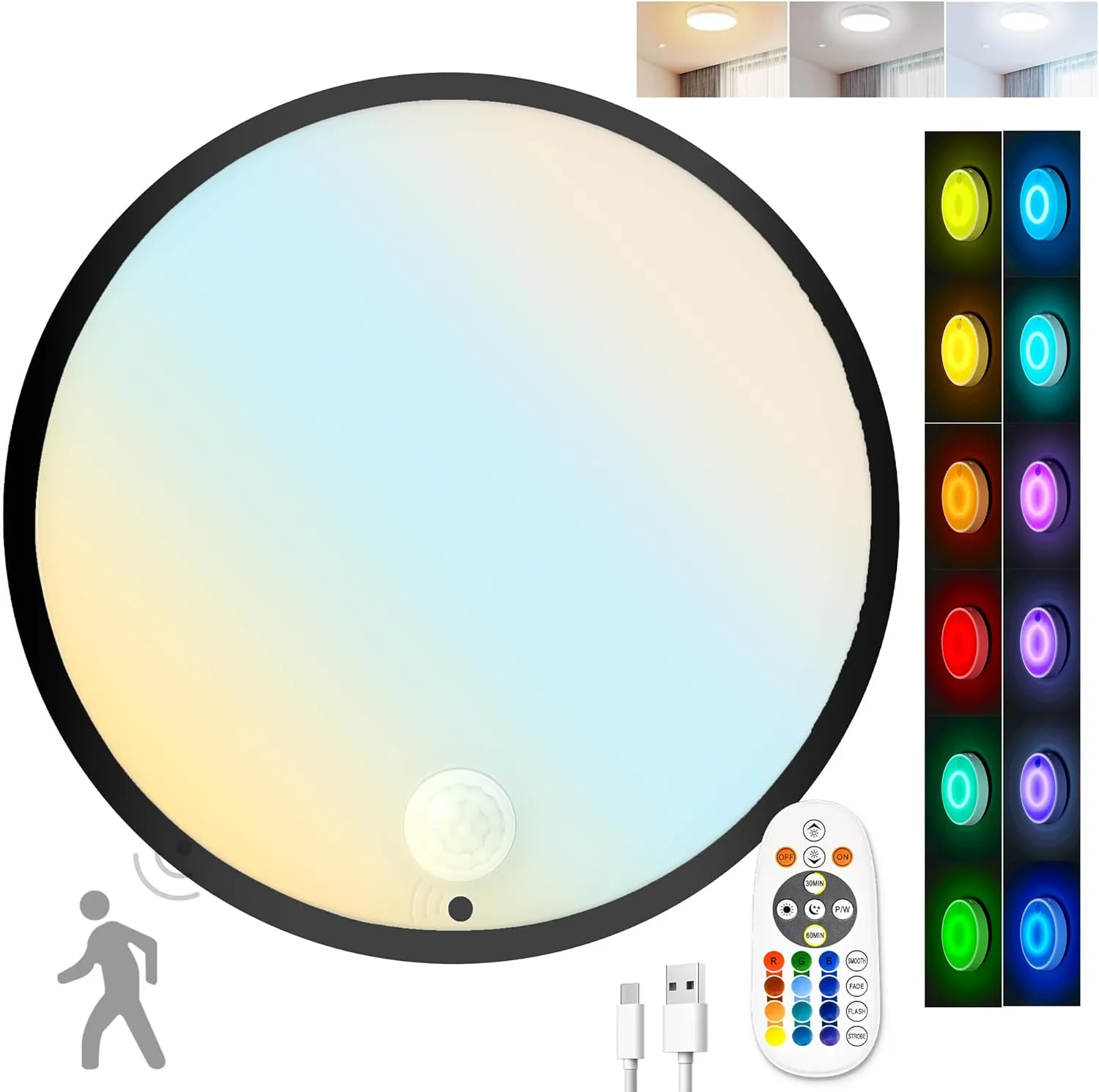 CLAKAP Motion Sensor Ceiling Light, Rechargeable Battery Powered Ceiling Light with 15 Color Temperatures, Motion Activated Closet Light with Magnetic Base for Shower Stairs Hallway Porch Garage Shed