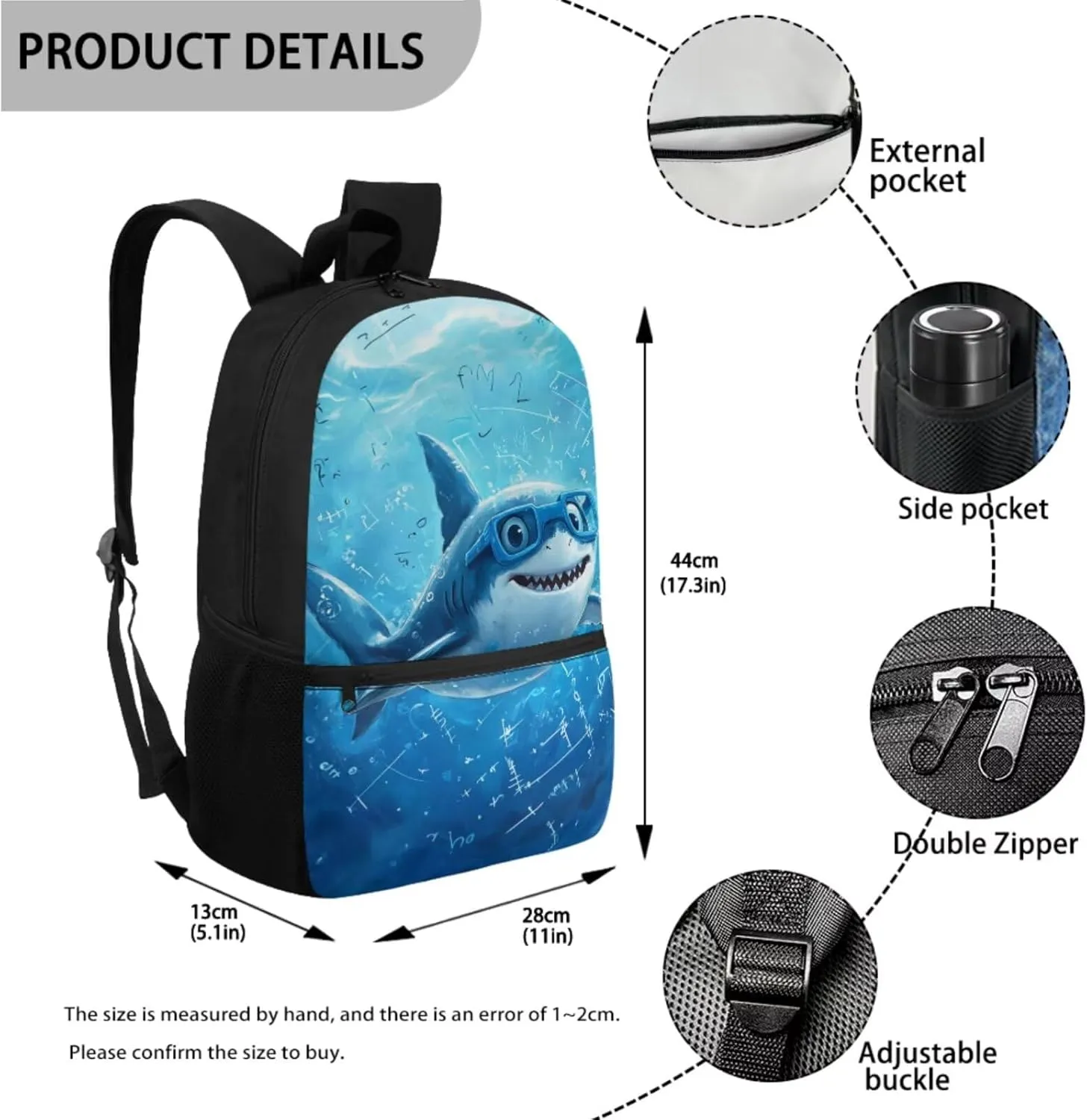 Coldinair Cartoon Shark Back to School Backpacks for Boys Cute Preschool Elementary Middle School Bag Lightweight Student Bookbag Set with Picnic Lunch Box & Pencil Case & Insulated Water Bottle