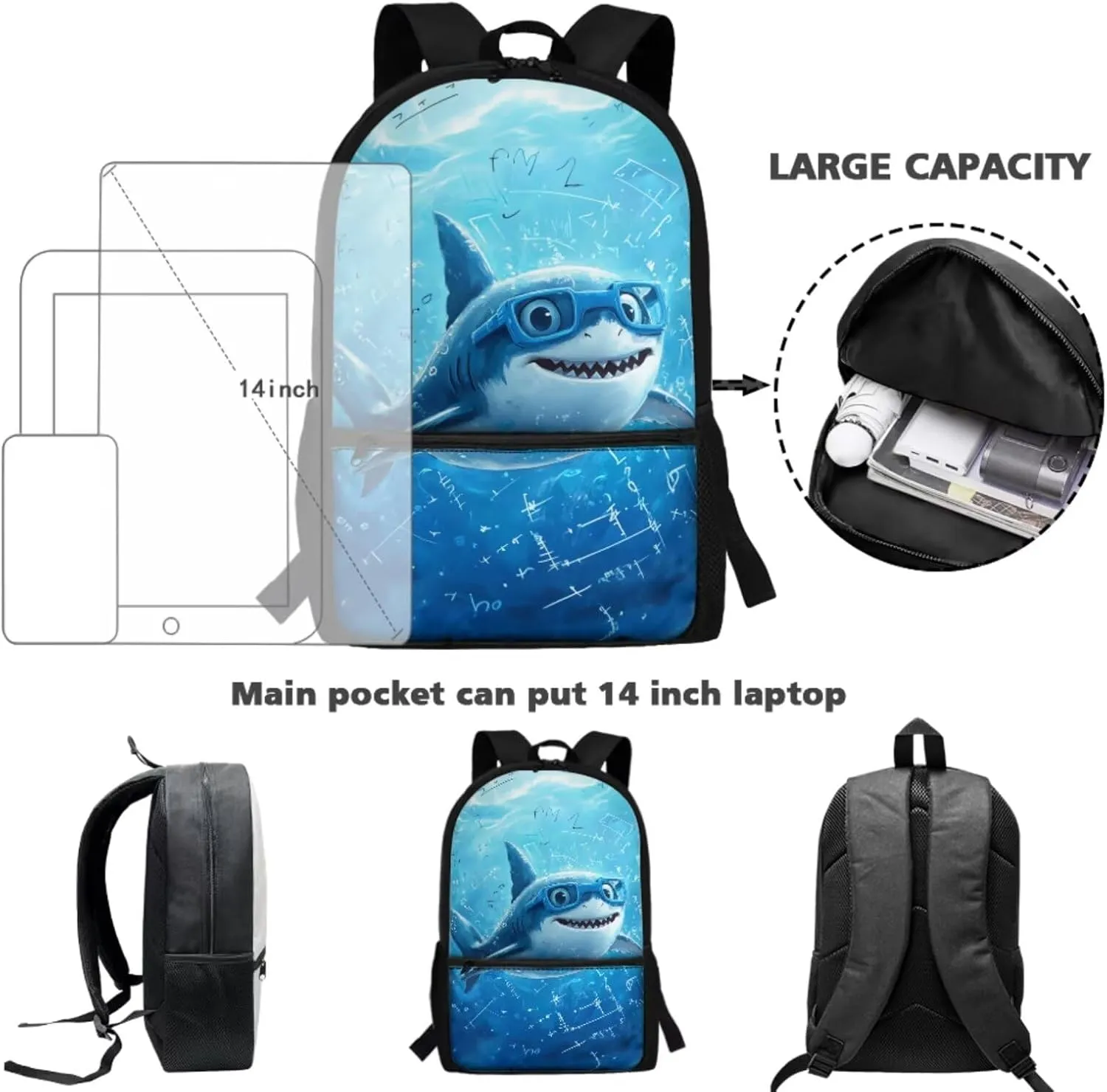 Coldinair Cartoon Shark Back to School Backpacks for Boys Cute Preschool Elementary Middle School Bag Lightweight Student Bookbag Set with Picnic Lunch Box & Pencil Case & Insulated Water Bottle