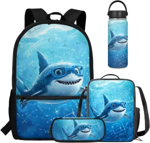 Coldinair Cartoon Shark Back to School Backpacks for Boys Cute Preschool Elementary Middle School Bag Lightweight Student Bookbag Set with Picnic Lunch Box & Pencil Case & Insulated Water Bottle