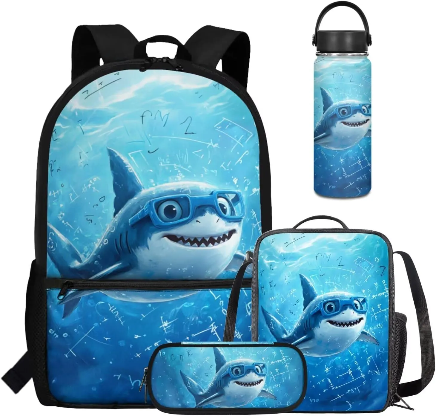 Coldinair Cartoon Shark Back to School Backpacks for Boys Cute Preschool Elementary Middle School Bag Lightweight Student Bookbag Set with Picnic Lunch Box & Pencil Case & Insulated Water Bottle