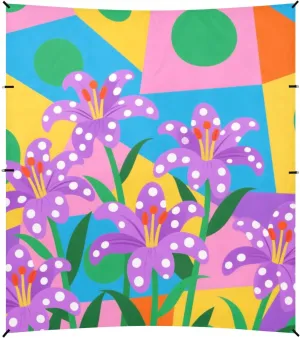 Colorful Geometric Shapes Purple Lilies Foldable Beach Cabana UPF50  Lightweight Portable Sunshade with Sandbags, Sand Shovel, Poles for Backyard, Grassland, Park