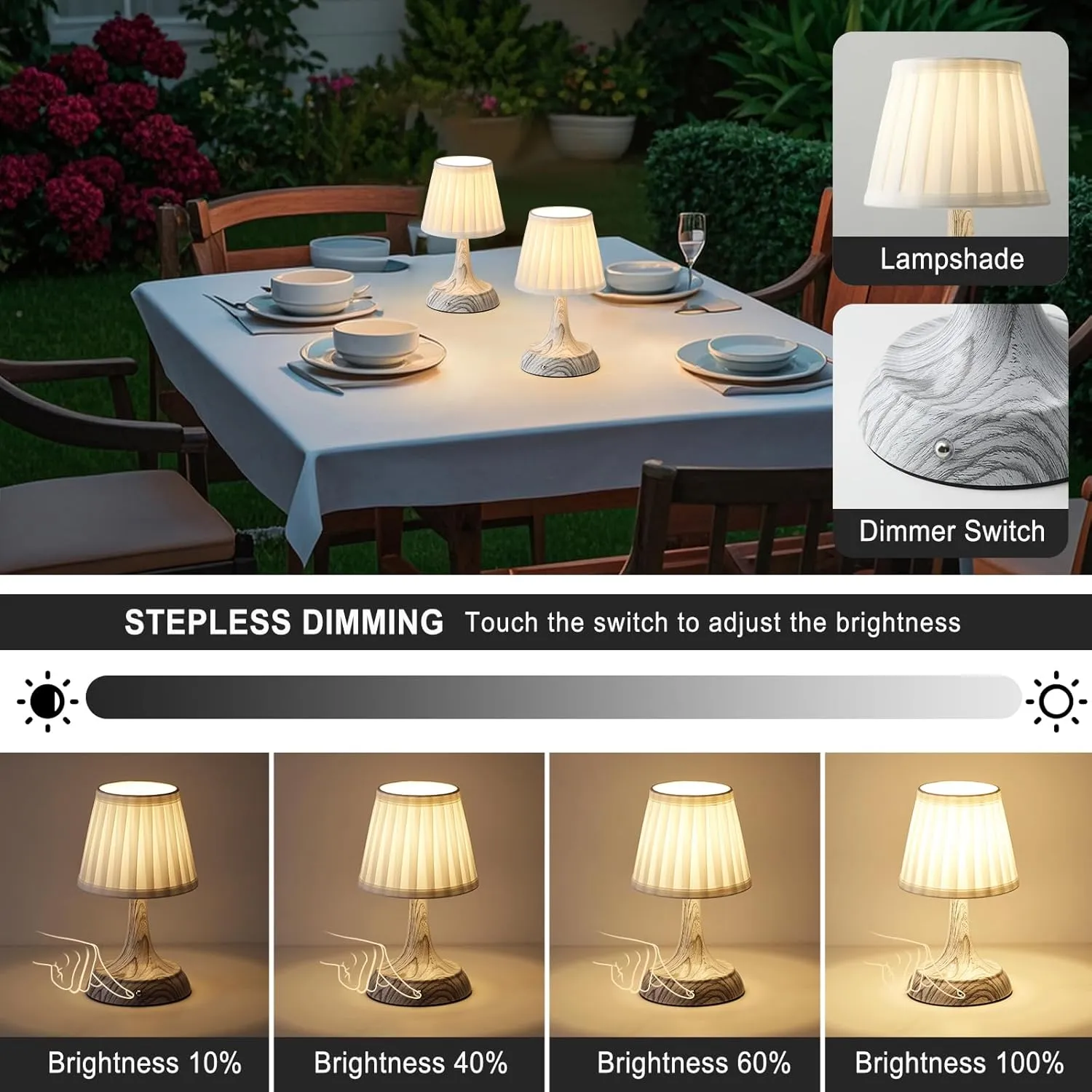 Cordless LED Table Lamp, Modern Portable Rechargeable Battery Operated Desk Lamp Small Shower Lamp with Touch Dimmable Switch and Fabric Lamp Shade for Bedroom/Restaurant/Bedside/Nightstand/Bar