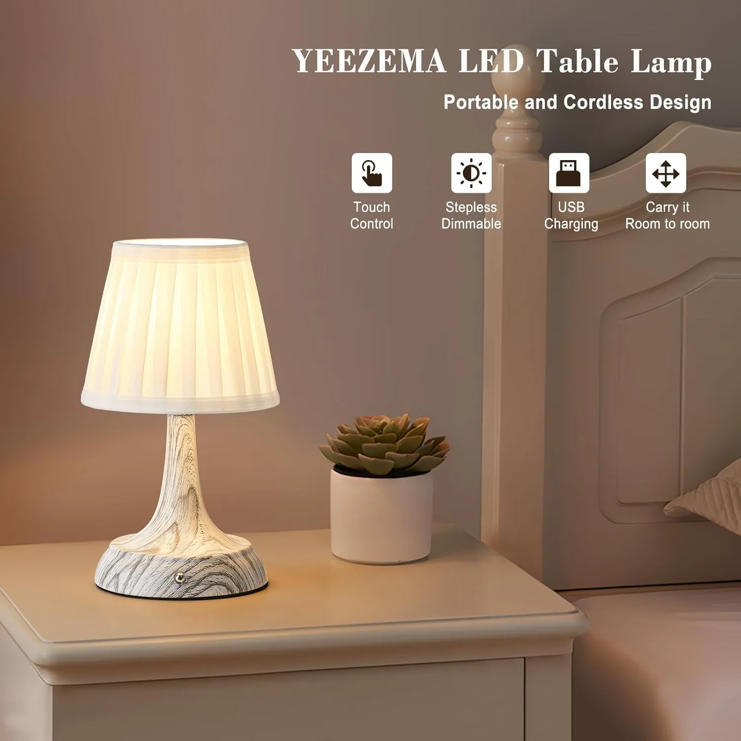 Cordless LED Table Lamp, Modern Portable Rechargeable Battery Operated Desk Lamp Small Shower Lamp with Touch Dimmable Switch and Fabric Lamp Shade for Bedroom/Restaurant/Bedside/Nightstand/Bar