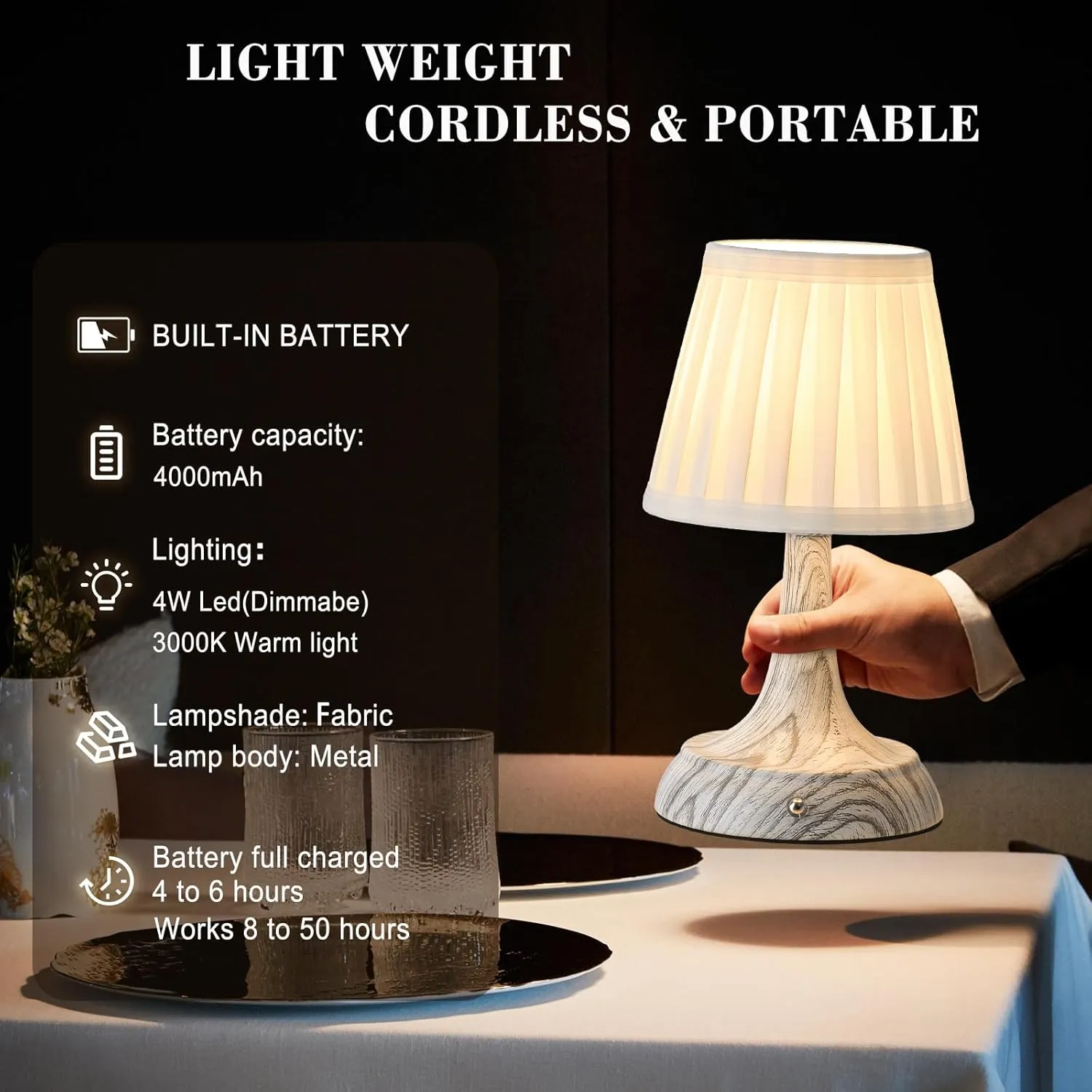 Cordless LED Table Lamp, Modern Portable Rechargeable Battery Operated Desk Lamp Small Shower Lamp with Touch Dimmable Switch and Fabric Lamp Shade for Bedroom/Restaurant/Bedside/Nightstand/Bar