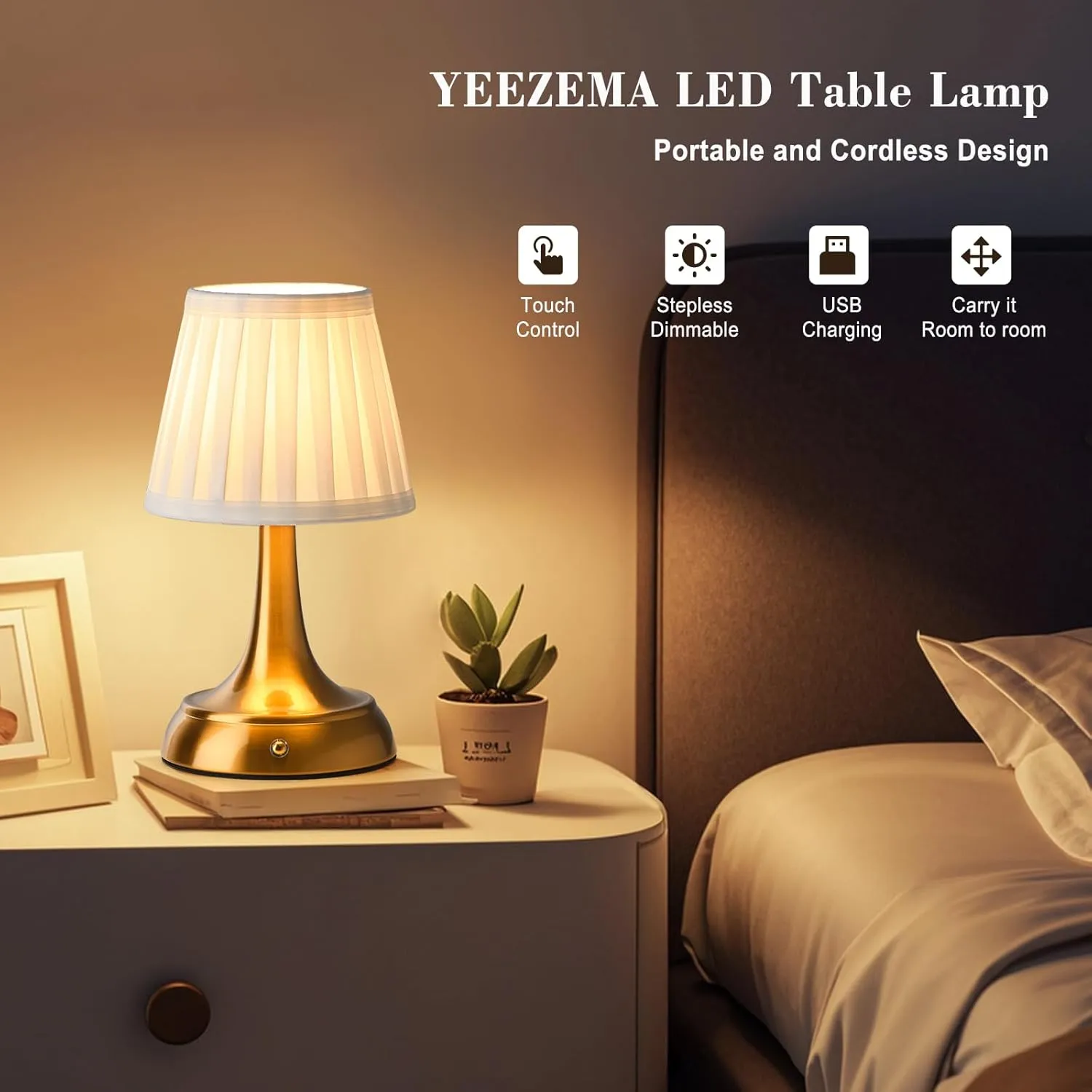 Cordless LED Table Lamp, Modern Portable Rechargeable Battery Operated Desk Lamp Small Shower Lamp with Touch Dimmable Switch and Fabric Lamp Shade for Bedroom/Restaurant/Bedside/Nightstand/Bar