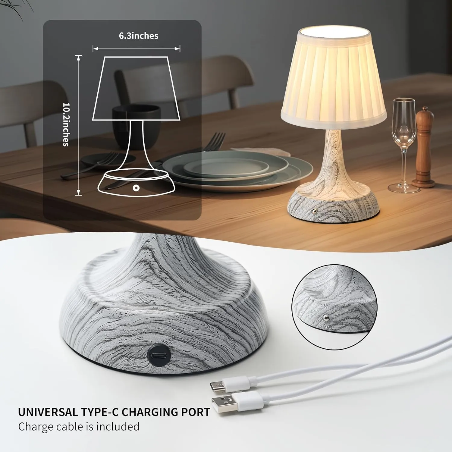 Cordless LED Table Lamp, Modern Portable Rechargeable Battery Operated Desk Lamp Small Shower Lamp with Touch Dimmable Switch and Fabric Lamp Shade for Bedroom/Restaurant/Bedside/Nightstand/Bar