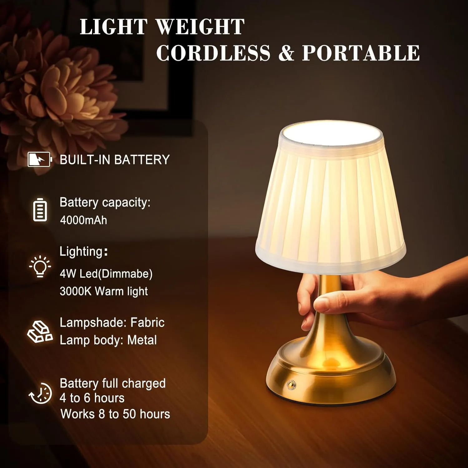 Cordless LED Table Lamp, Modern Portable Rechargeable Battery Operated Desk Lamp Small Shower Lamp with Touch Dimmable Switch and Fabric Lamp Shade for Bedroom/Restaurant/Bedside/Nightstand/Bar