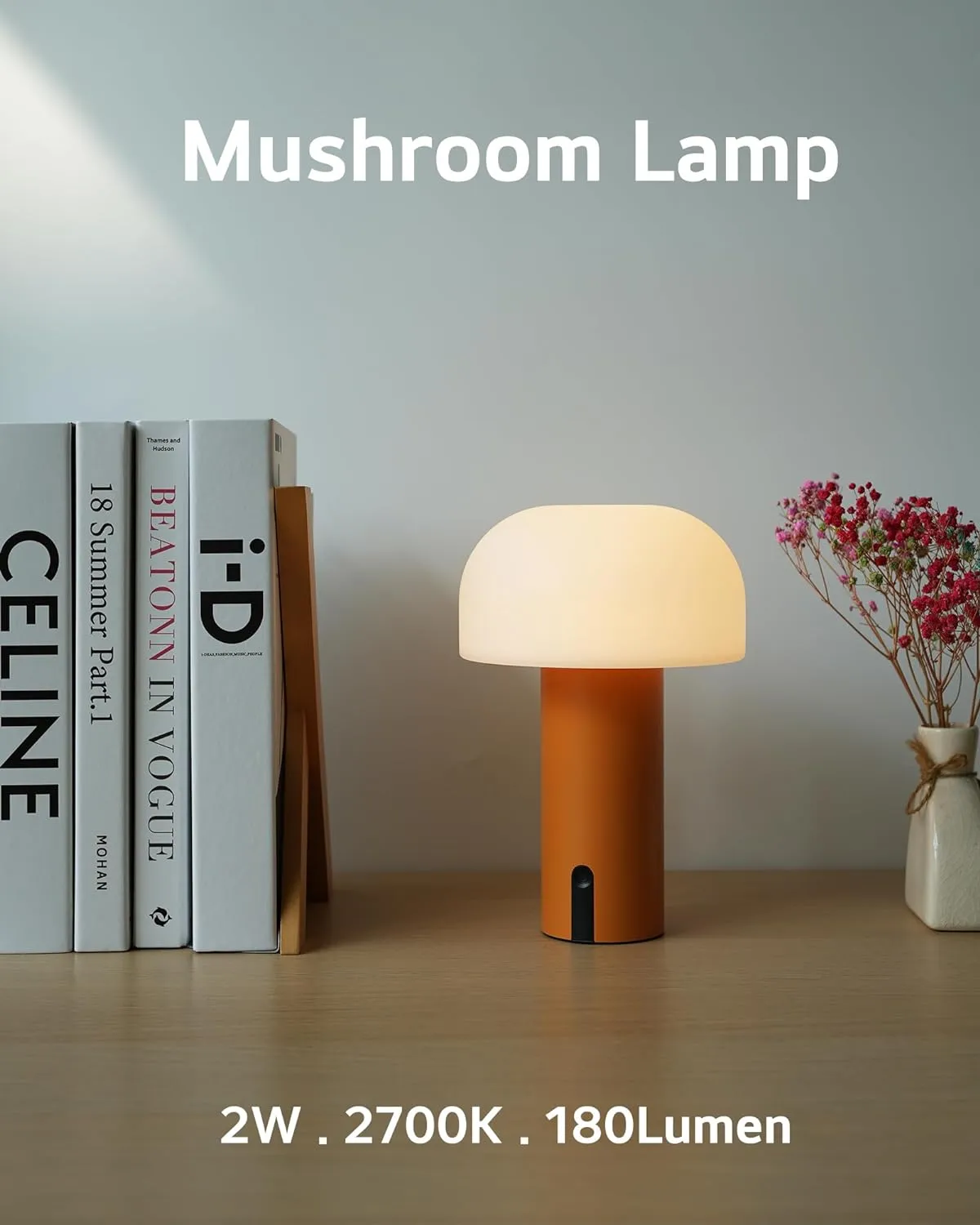 Cordless Mushroom Table Lamp, Waterproof Shower Lamp, Battery Operated Table Lamp Rechargeable, Touch Dimmable Night Light for Bedroom/Patio/Camping/Dinning/Outdoor (Orange)