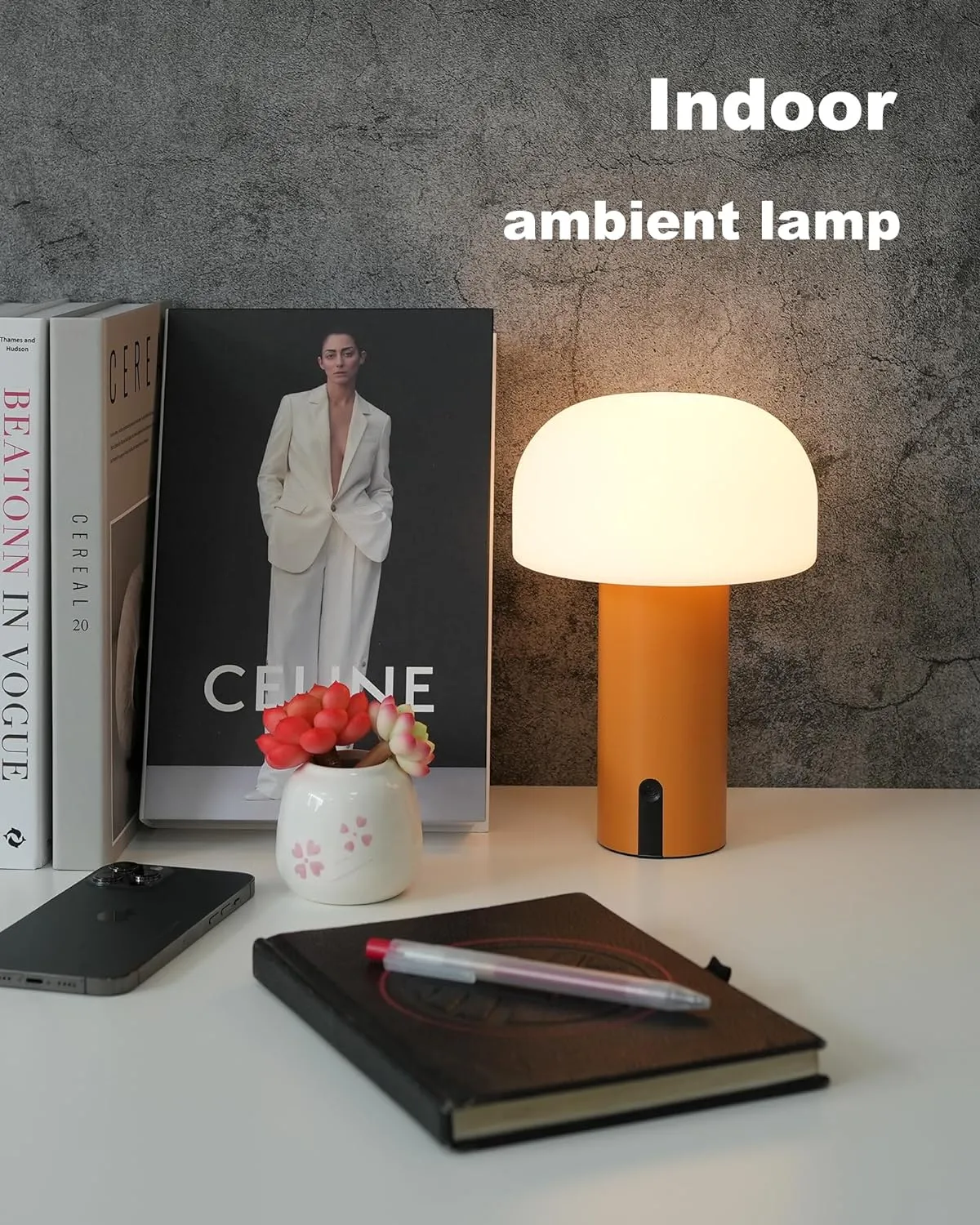 Cordless Mushroom Table Lamp, Waterproof Shower Lamp, Battery Operated Table Lamp Rechargeable, Touch Dimmable Night Light for Bedroom/Patio/Camping/Dinning/Outdoor (Orange)