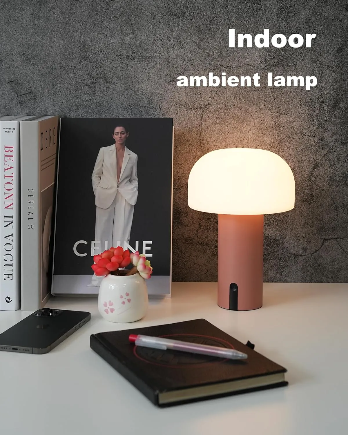 Cordless Mushroom Table Lamp, Waterproof Shower Lamp, Battery Operated Table Lamp Rechargeable, Touch Dimmable Night Light for Bedroom/Patio/Camping/Dinning/Outdoor (Pink)