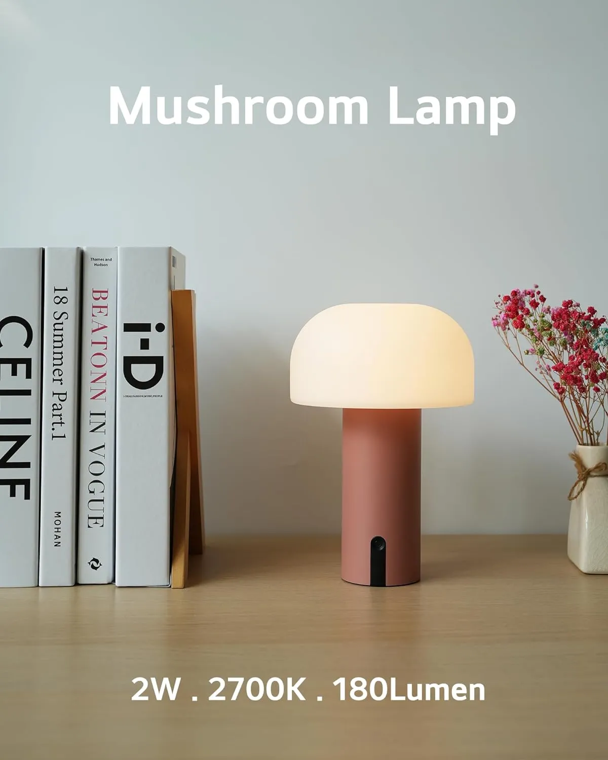 Cordless Mushroom Table Lamp, Waterproof Shower Lamp, Battery Operated Table Lamp Rechargeable, Touch Dimmable Night Light for Bedroom/Patio/Camping/Dinning/Outdoor (Pink)