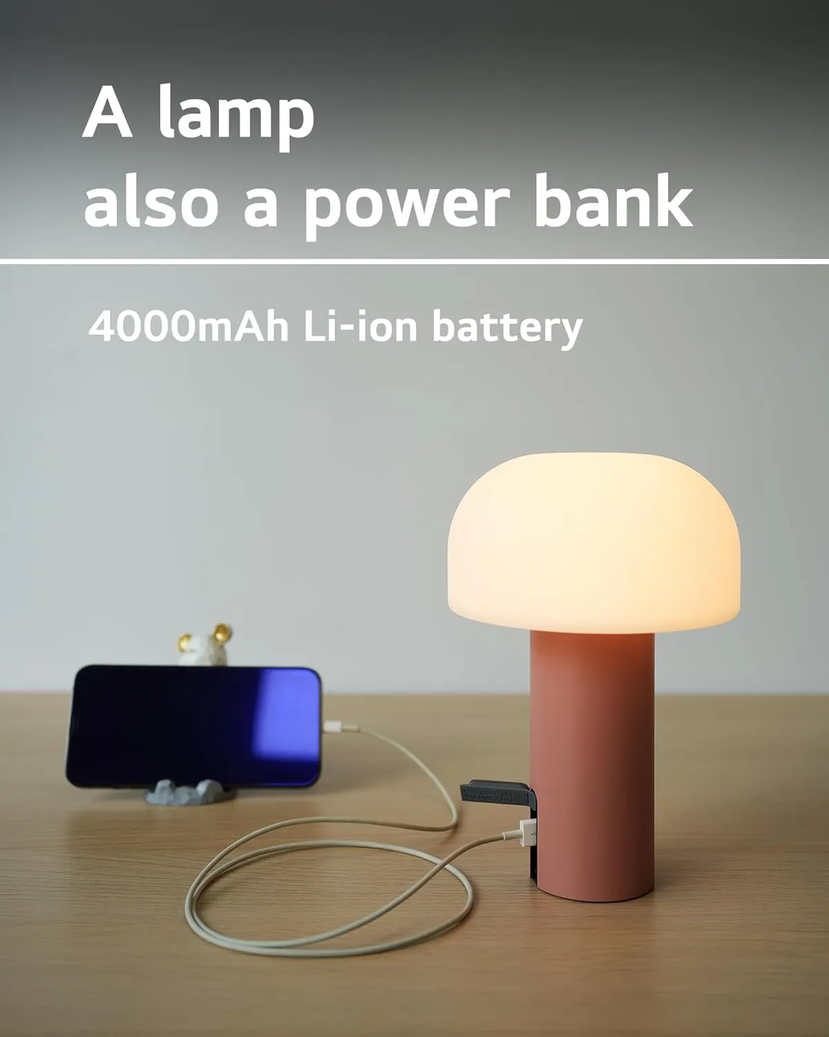 Cordless Mushroom Table Lamp, Waterproof Shower Lamp, Battery Operated Table Lamp Rechargeable, Touch Dimmable Night Light for Bedroom/Patio/Camping/Dinning/Outdoor (Pink)