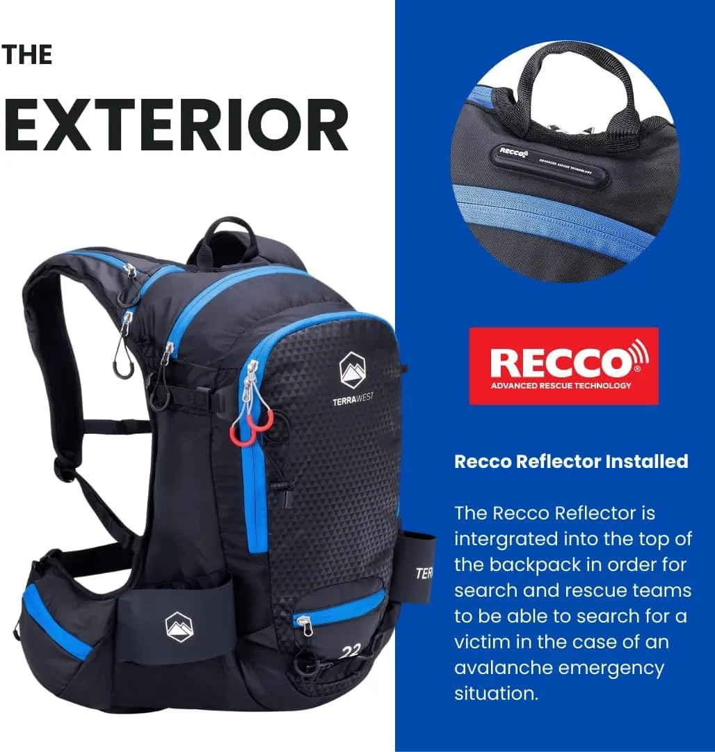 Core 22 Ski Backpack, Recco Reflector and Back Protector Installed, Backcountry Skiing, Snowboarding, Snowmobiling, Split Boarding (Dark Night/Blue)
