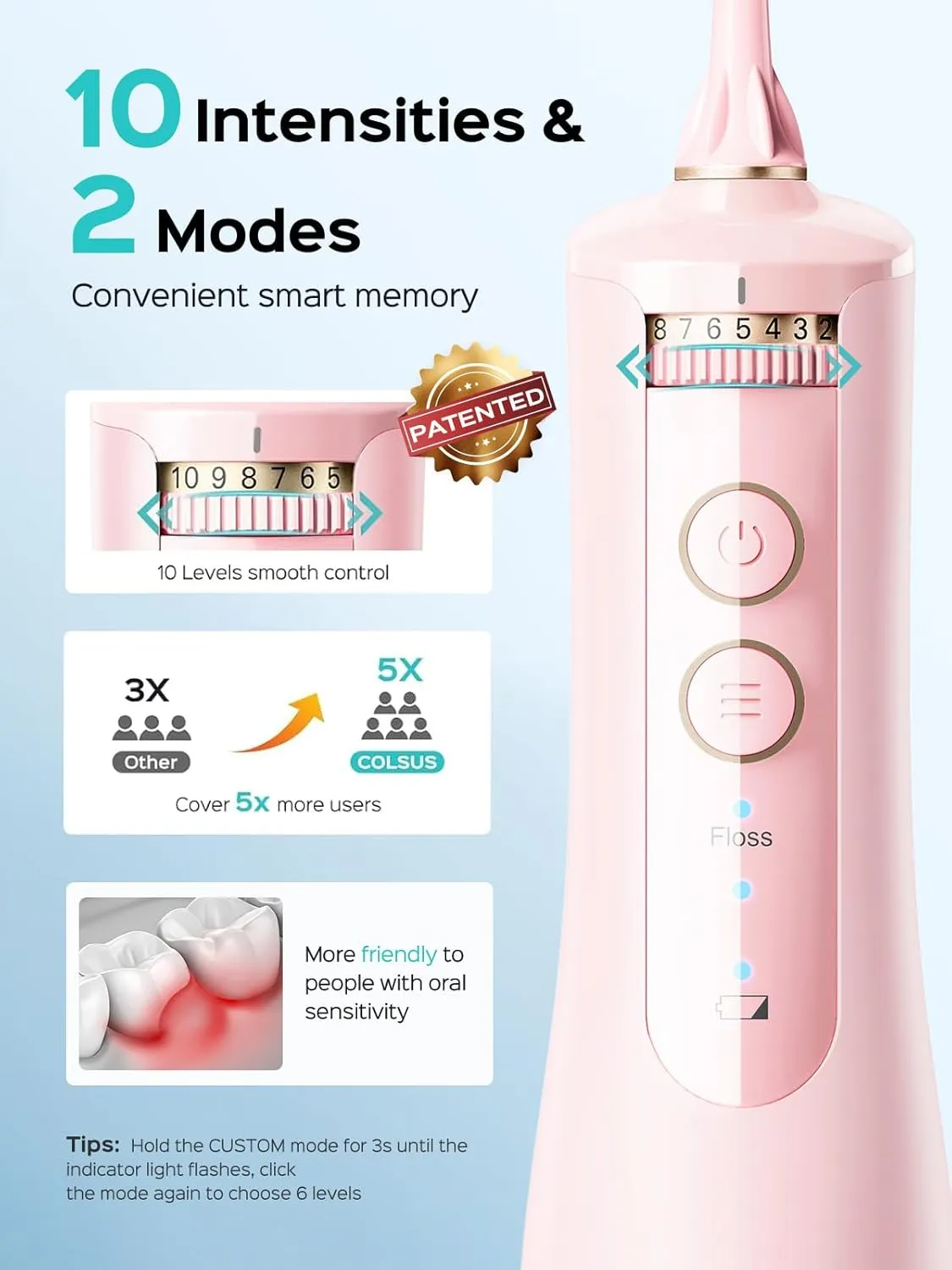 COSLUS Cordless Water Flosser & Dental Pick for Teeth, Braces, Gums Care - Advanced 10 Pressure Settings for Multiple Users, Rechargeable, Portable for Travel, BPA-Free, Pink, E40(WFP14)