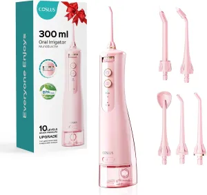 COSLUS Cordless Water Flosser & Dental Pick for Teeth, Braces, Gums Care - Advanced 10 Pressure Settings for Multiple Users, Rechargeable, Portable for Travel, BPA-Free, Pink, E40(WFP14)