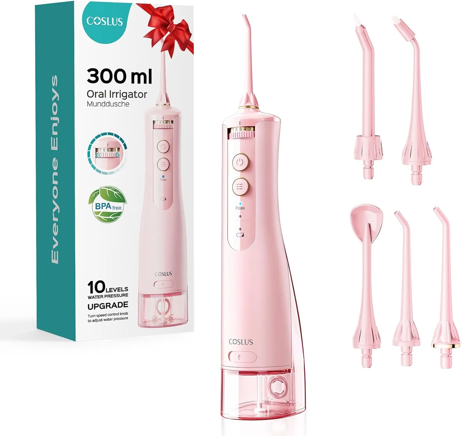 COSLUS Cordless Water Flosser & Dental Pick for Teeth, Braces, Gums Care - Advanced 10 Pressure Settings for Multiple Users, Rechargeable, Portable for Travel, BPA-Free, Pink, E40(WFP14)