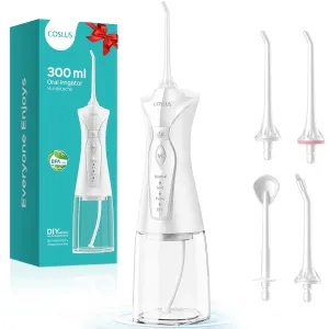 COSLUS Water Dental Flosser Pick for Teeth: 4 Modes Cordless Portable 300ML Larger Tank Water Teeth Cleaner IPX7 Waterproof Flossing Cleaning Picks for Home Travel White C30(FC5360)