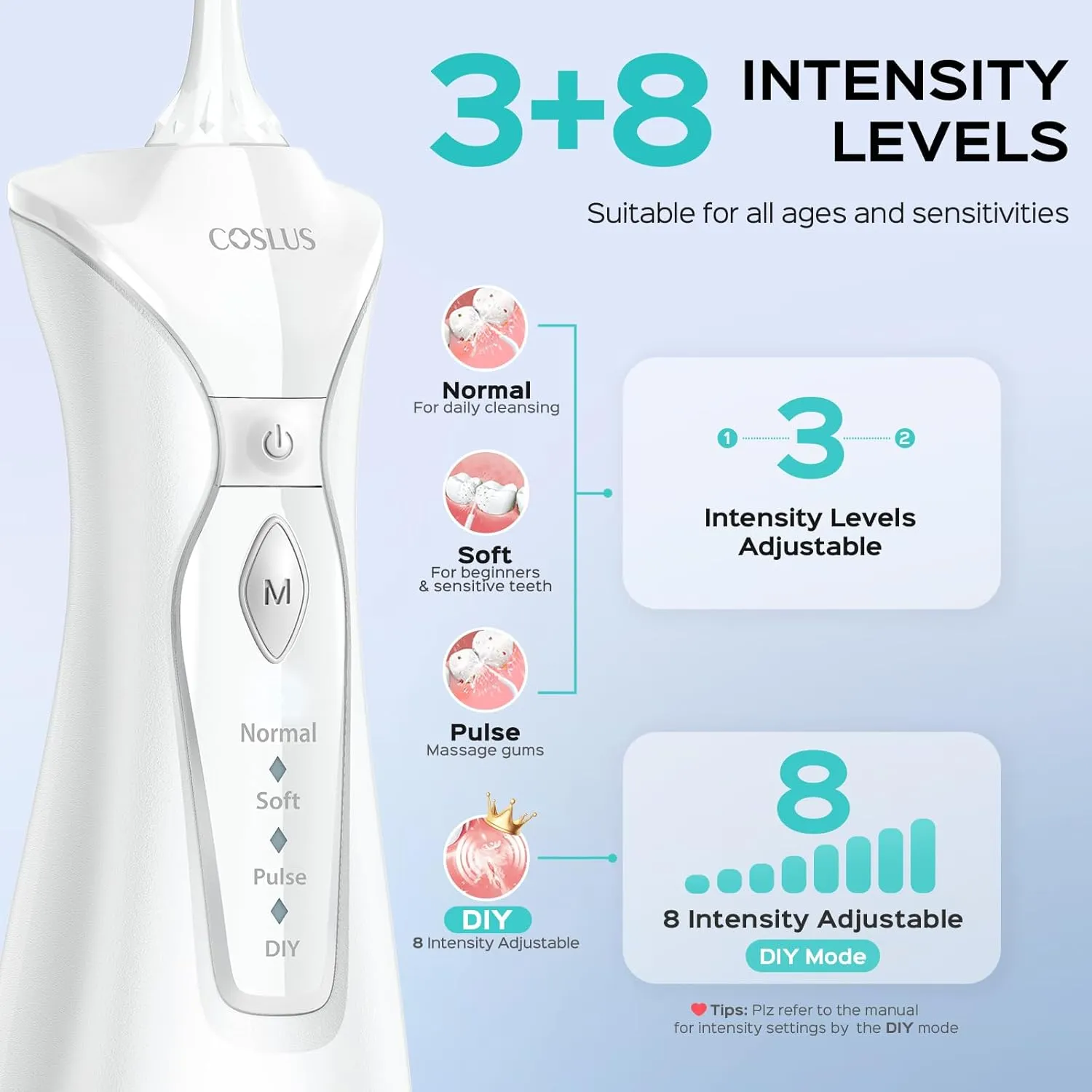 COSLUS Water Dental Flosser Pick for Teeth: 4 Modes Cordless Portable 300ML Larger Tank Water Teeth Cleaner IPX7 Waterproof Flossing Cleaning Picks for Home Travel White C30(FC5360)