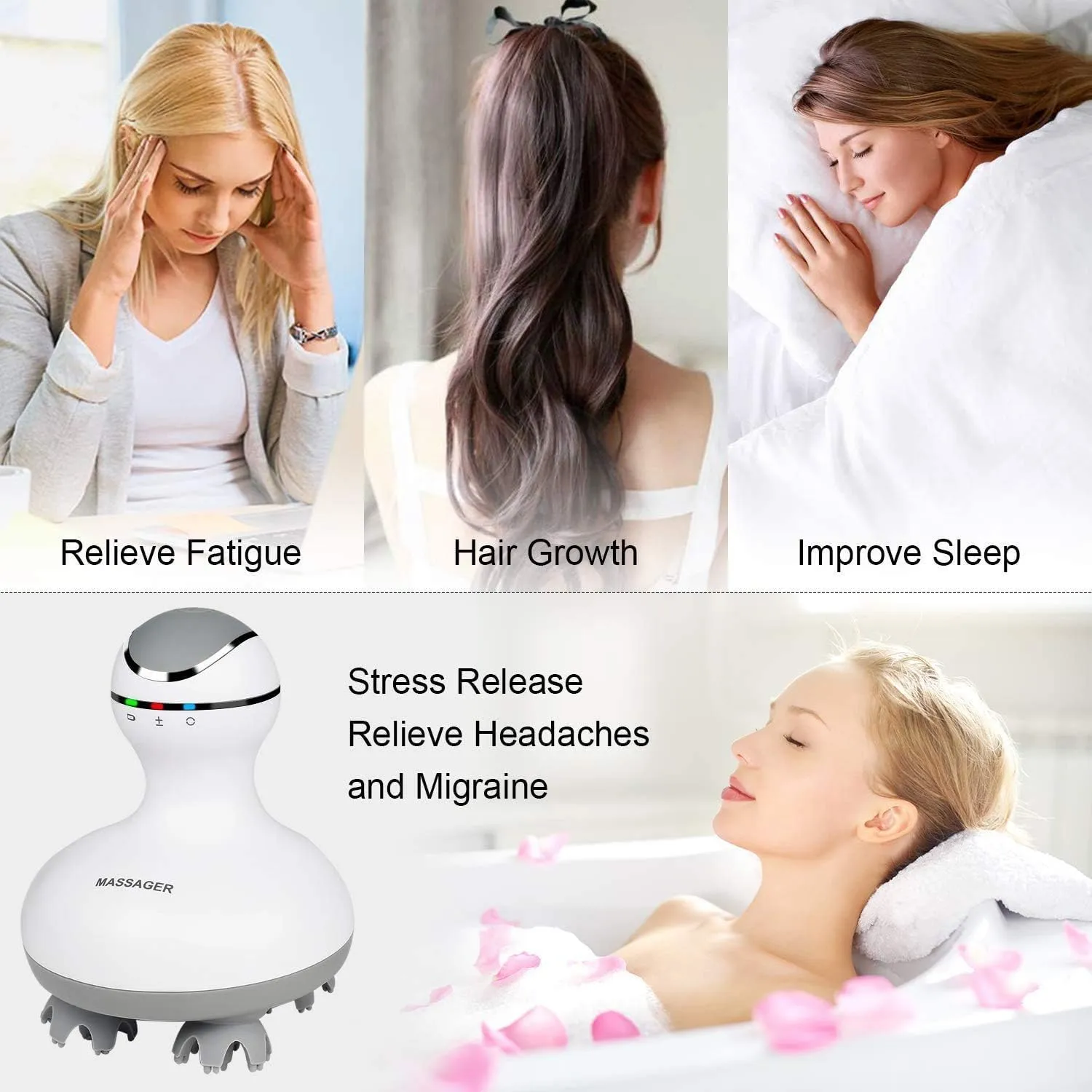 cotsoco Electric Scalp Head Massager, Scalp Hair Massage Waterproof Head Massager with 4 Heads 84 Nodes for Hair Growth and Stress Release Massage White