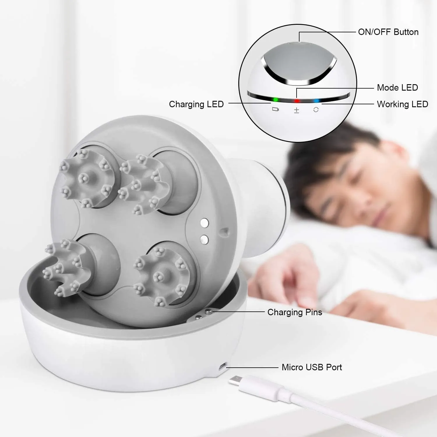 cotsoco Electric Scalp Head Massager, Scalp Hair Massage Waterproof Head Massager with 4 Heads 84 Nodes for Hair Growth and Stress Release Massage White