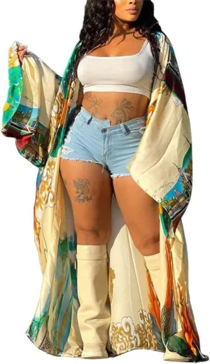 cu4eve Summer Cardigan For Women Lightweight Satin Open Front Long Kimono Swimsuit Cover Ups Silk Robe Plus Size