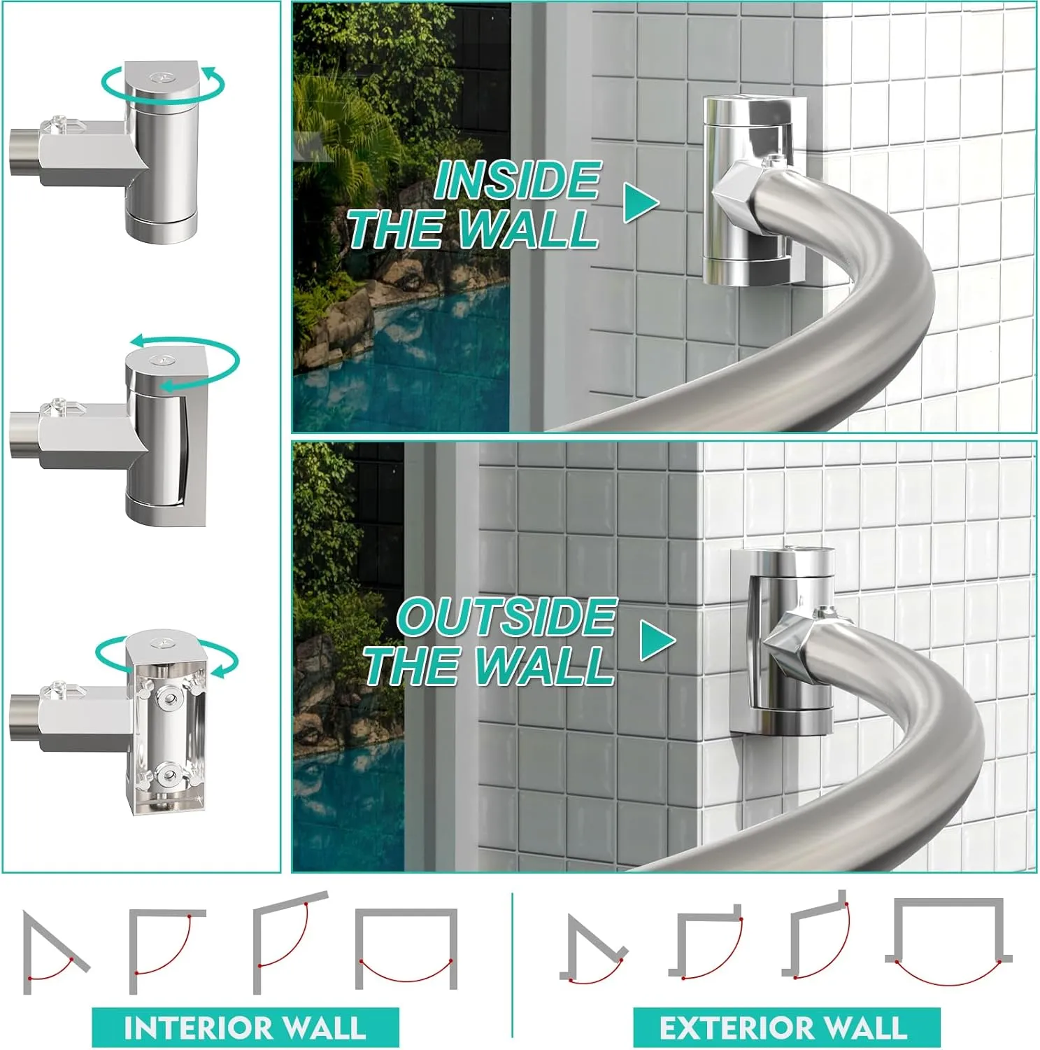 Curved Shower Curtain Rod For Bathroom 38-72 Inches, Adjustable Length, Curved Shower Rod, Metal Rods&Brackets, Round Shower Curtain Rods, Rotate Bracket For Large Shower Space, Need Drilling, Nickle