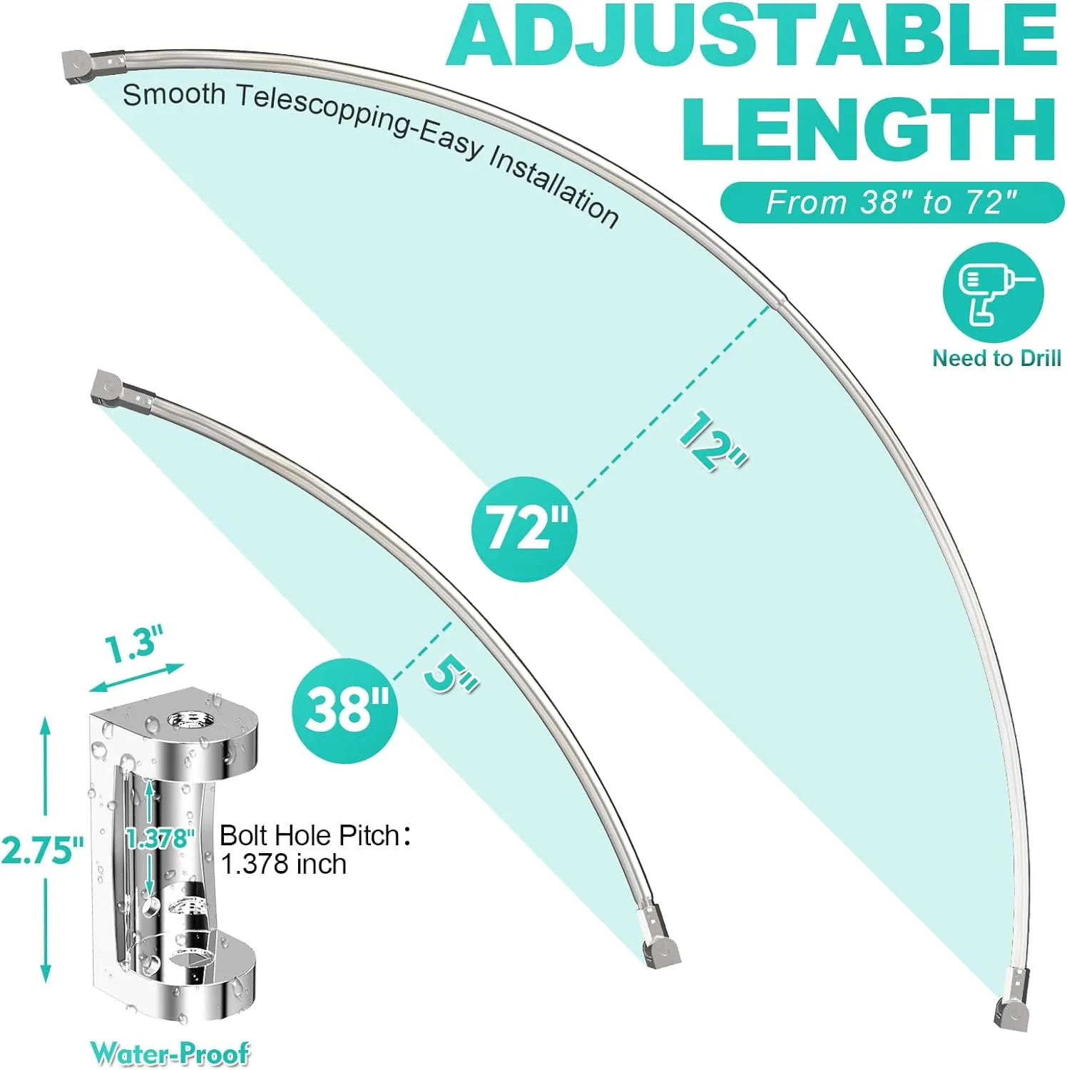 Curved Shower Curtain Rod For Bathroom 38-72 Inches, Adjustable Length, Curved Shower Rod, Metal Rods&Brackets, Round Shower Curtain Rods, Rotate Bracket For Large Shower Space, Need Drilling, Nickle