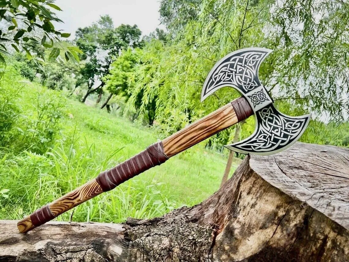 Custom Hand Made Forged Carbon Steel Viking Axe Real Tomahawk,Gifts for him, Valhalla Double Bit Axe, Viking Gift for Men,Camping Hatchet, Bearded Axe with Premium Leather Sheath (AX06)
