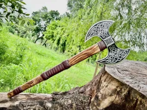 Custom Hand Made Forged Carbon Steel Viking Axe Real Tomahawk,Gifts for him, Valhalla Double Bit Axe, Viking Gift for Men,Camping Hatchet, Bearded Axe with Premium Leather Sheath (AX06)