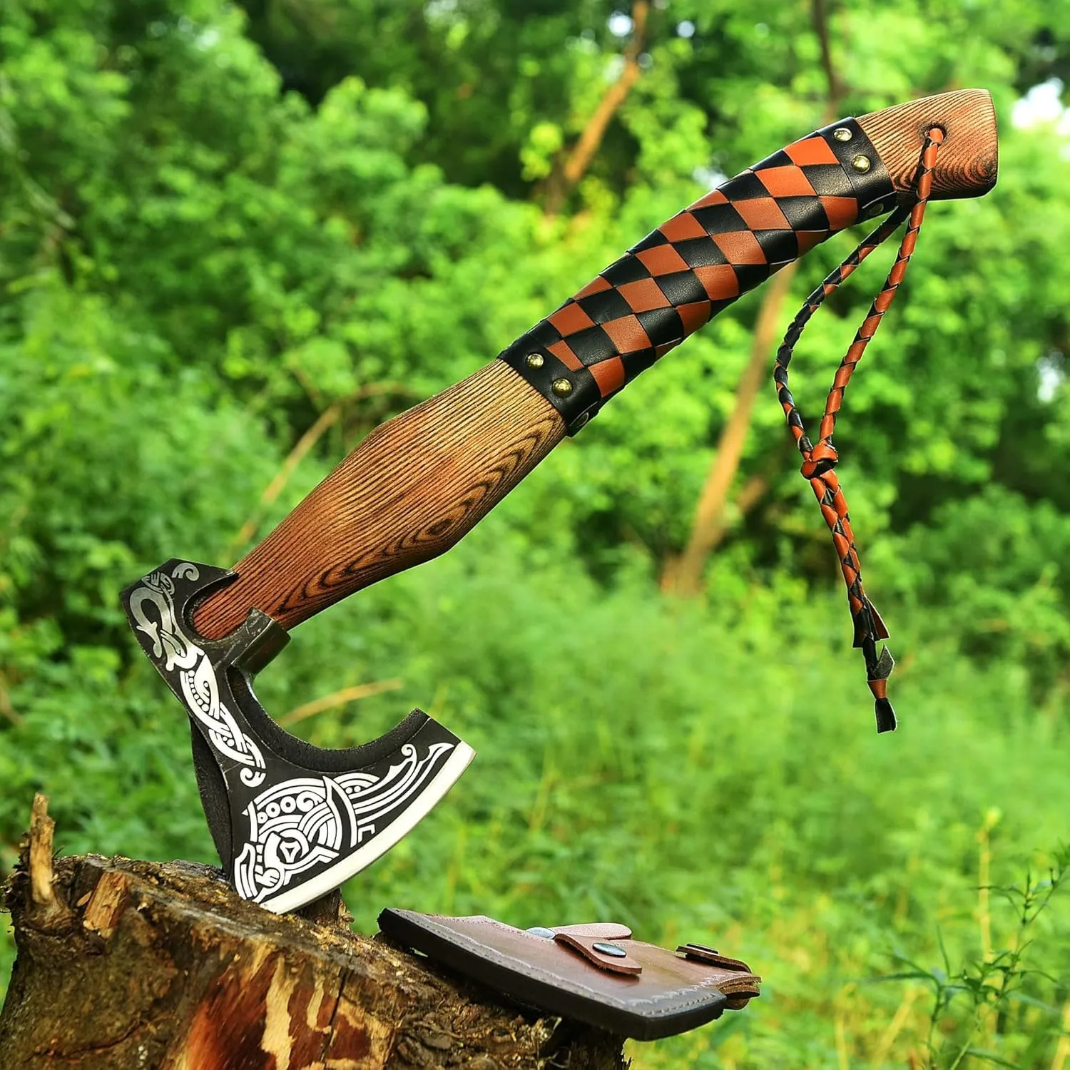 Custom Handmade Gift Viking Axe Carbon Steel Bushcrafting Axe Hunting Valhalla Axe with Leather Sheath Camping Bearded Hatchets Blacksmith Hunting Axe (VK-Ax-1)