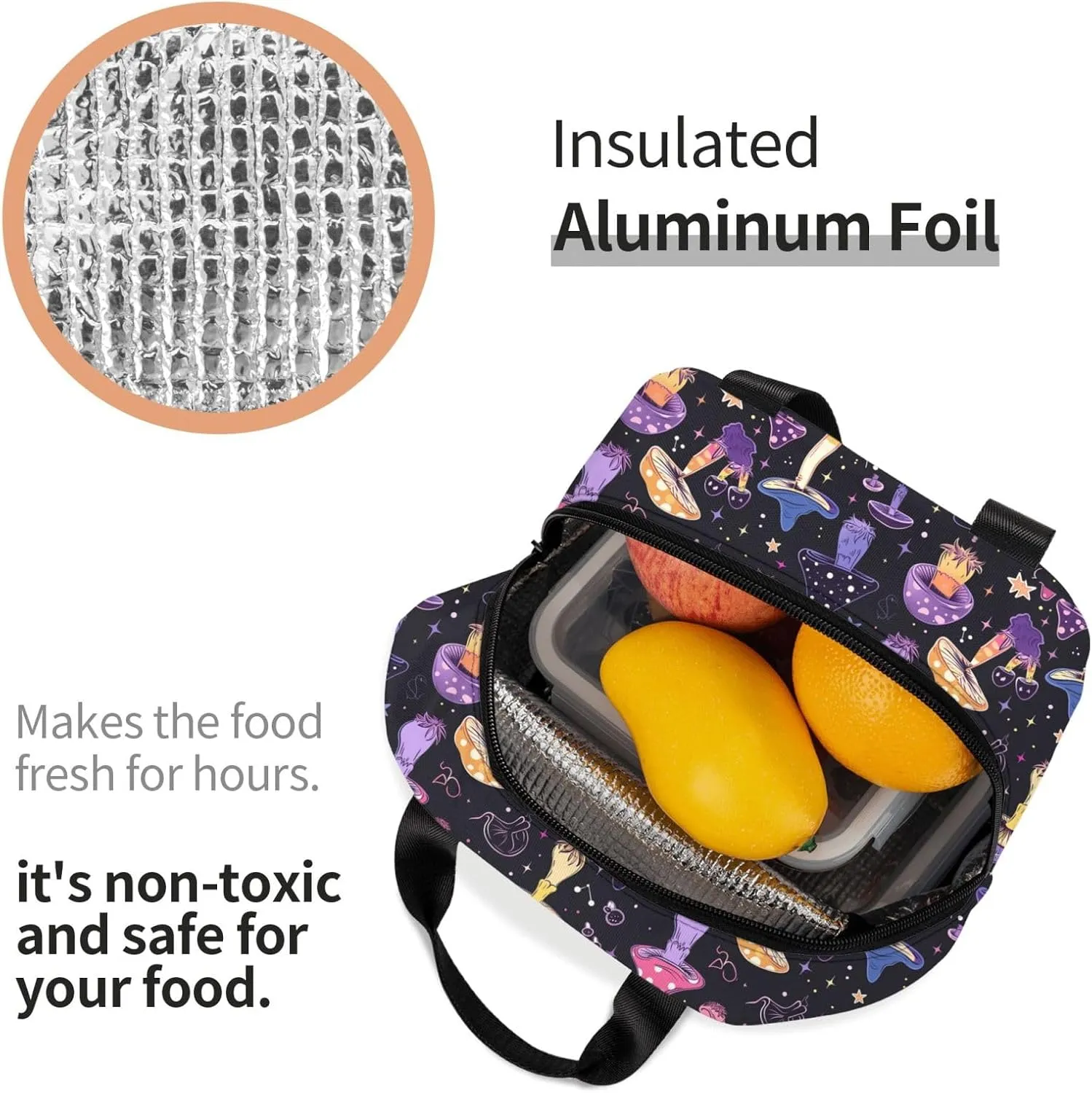 DADABULIU Lunch Bag Mushroom Purple Witchy Insulated Lunch Box Cooler Tote for Adults Student Boys Girls Women Men Work Office School Picnic Beach Reusable Lunchbox Over 3 Years Old
