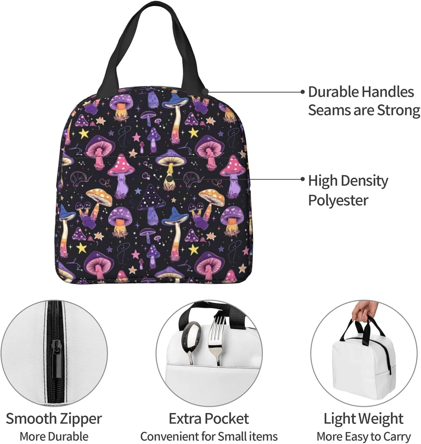 DADABULIU Lunch Bag Mushroom Purple Witchy Insulated Lunch Box Cooler Tote for Adults Student Boys Girls Women Men Work Office School Picnic Beach Reusable Lunchbox Over 3 Years Old