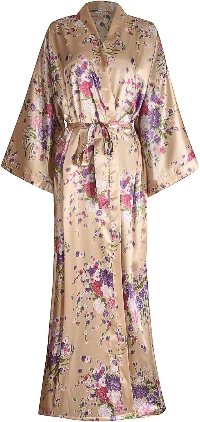 DandyChic Kimono Robes For Women Floral Long Lightweight Silky Sleepwear bridal Dressing Gown