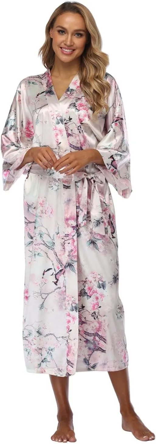 DandyChic Kimono Robes For Women Floral Long Lightweight Silky Sleepwear bridal Dressing Gown