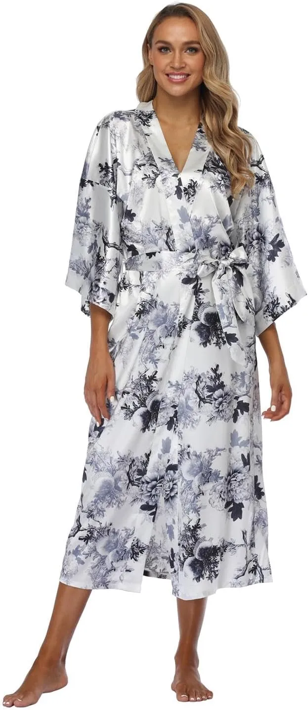 DandyChic Kimono Robes For Women Floral Long Lightweight Silky Sleepwear bridal Dressing Gown